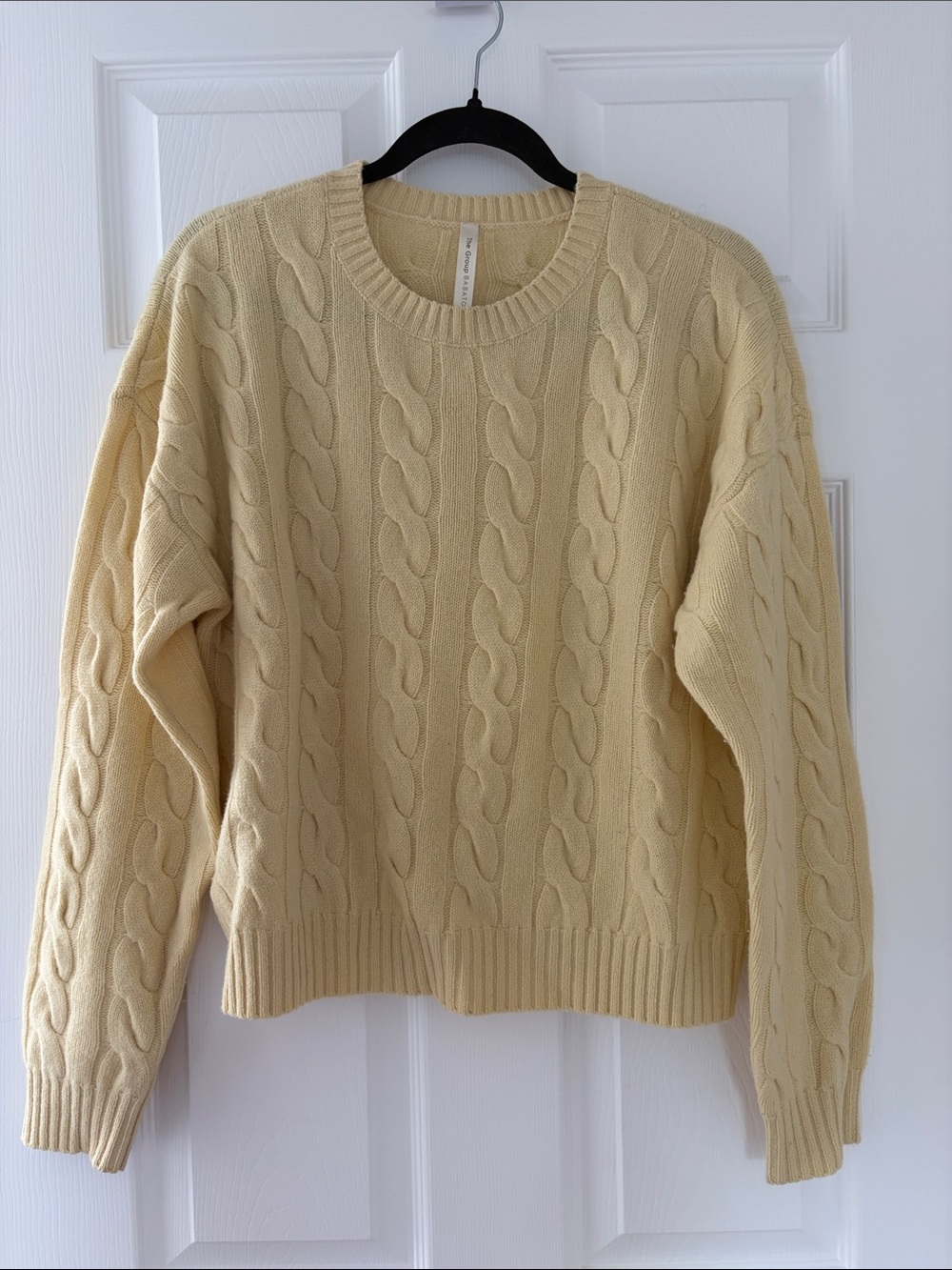 Babaton Pale Yellow Cable Knit Crewneck Sweater